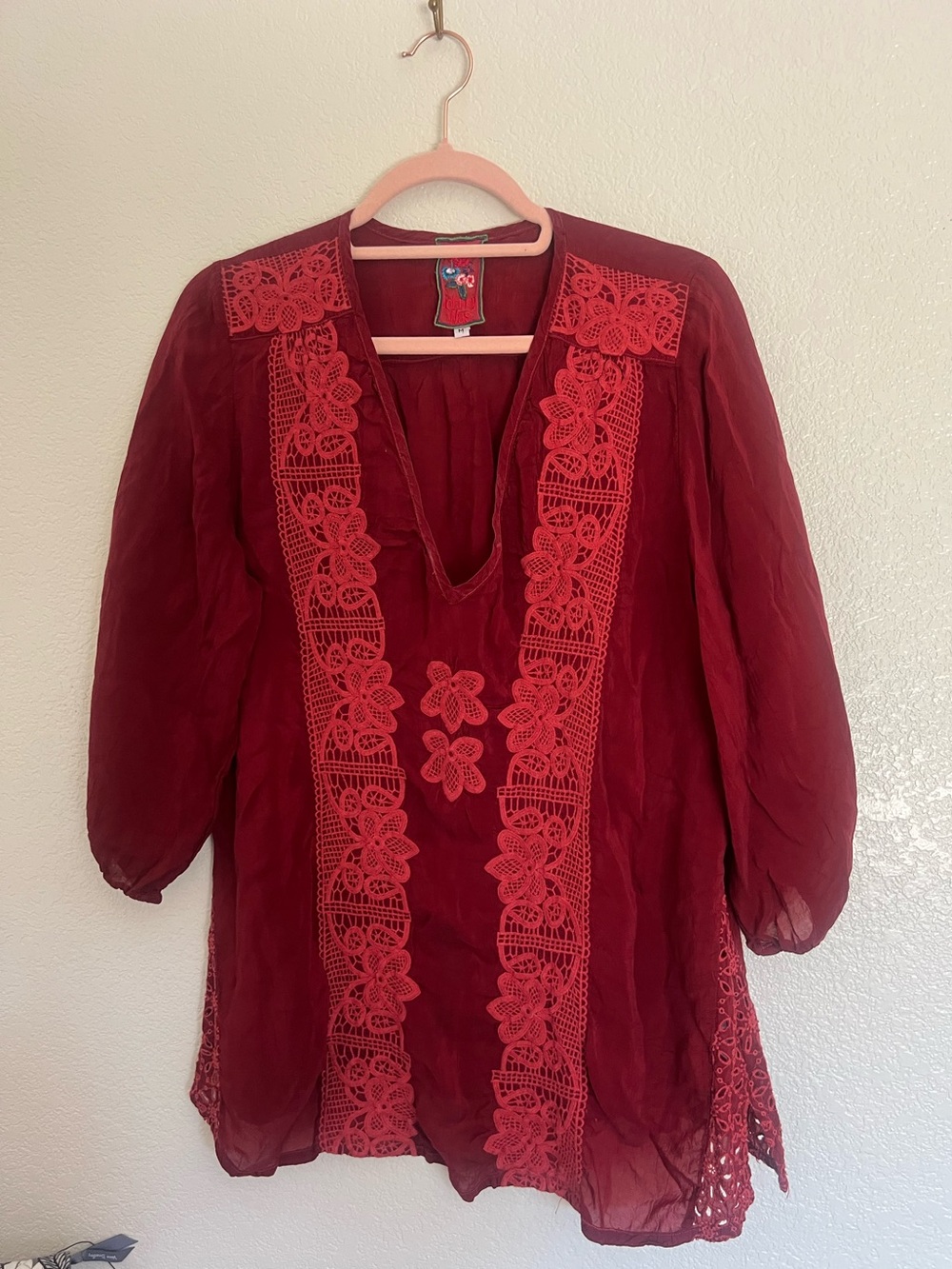 Johnny Was crimson embroidered boho blouse